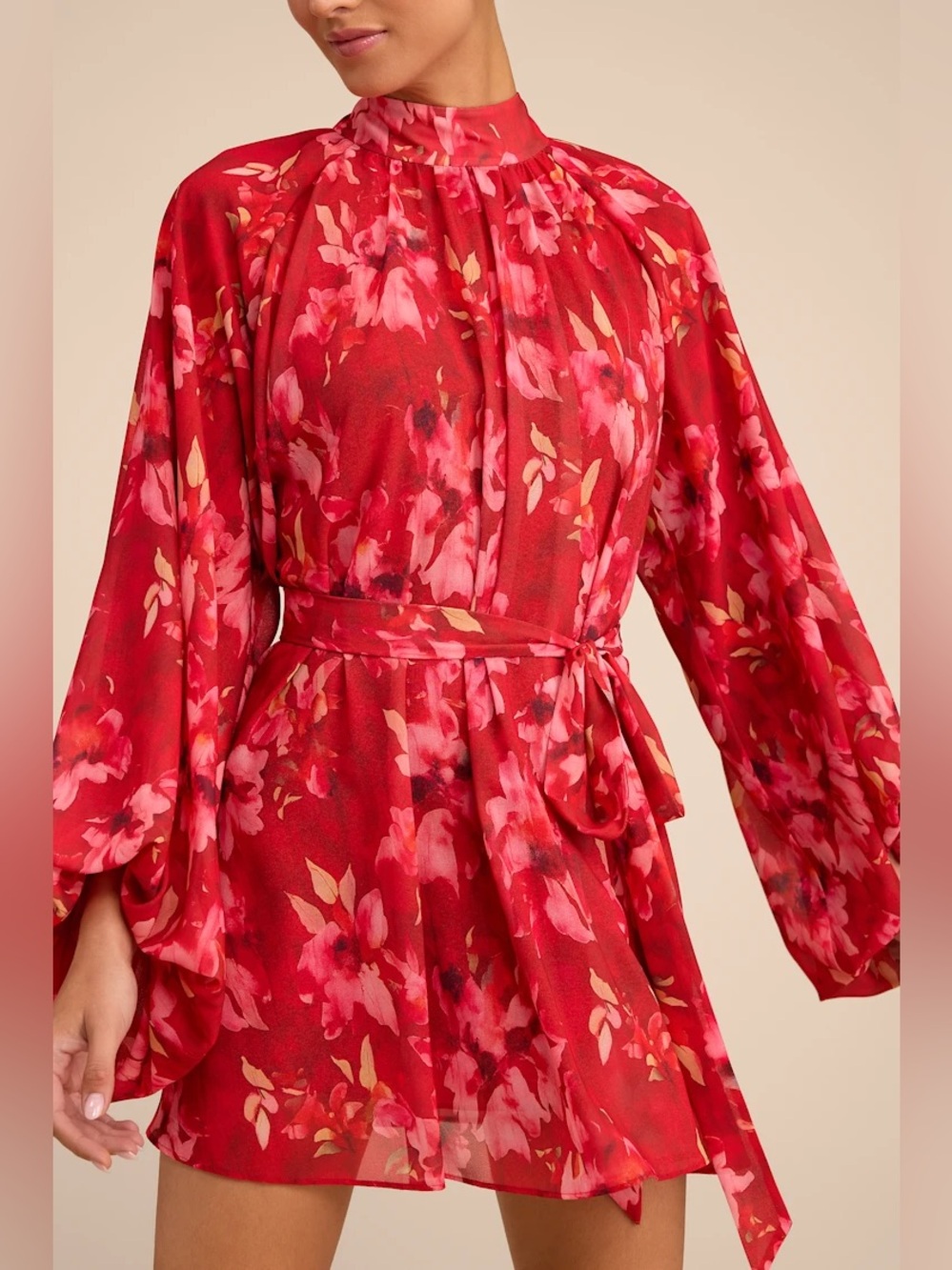 Lulus Lata Red Floral Mock Neck Belted Mini Dress - Picture 2 of 10